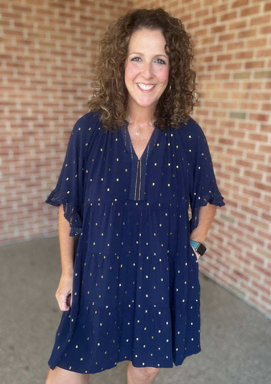 Metallic Dot Tiered Dress with Pockets