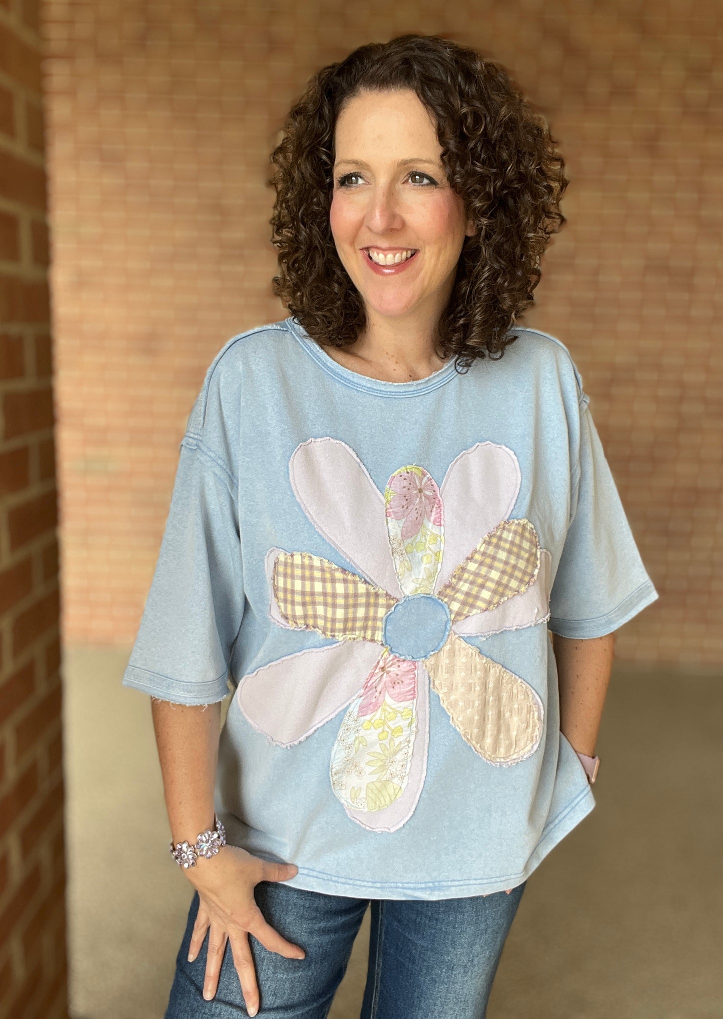 Mixed Fabric Flower Patch Top