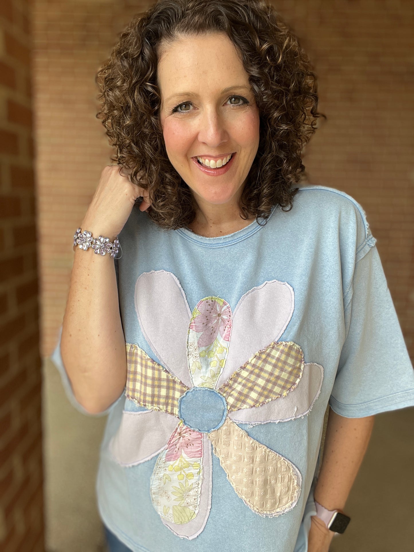 Mixed Fabric Flower Patch Top