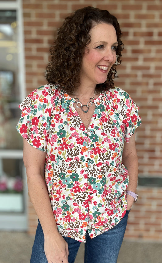 Ruffle Sleeve Floral Button Down Top