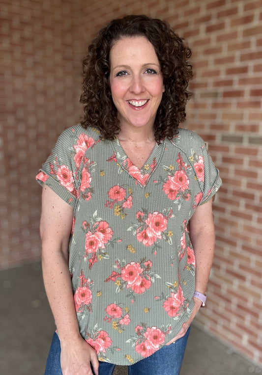 Corded Floral V Neck Top