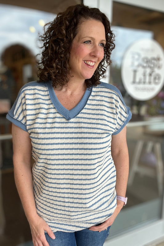 Textured Stripe V Neck Top