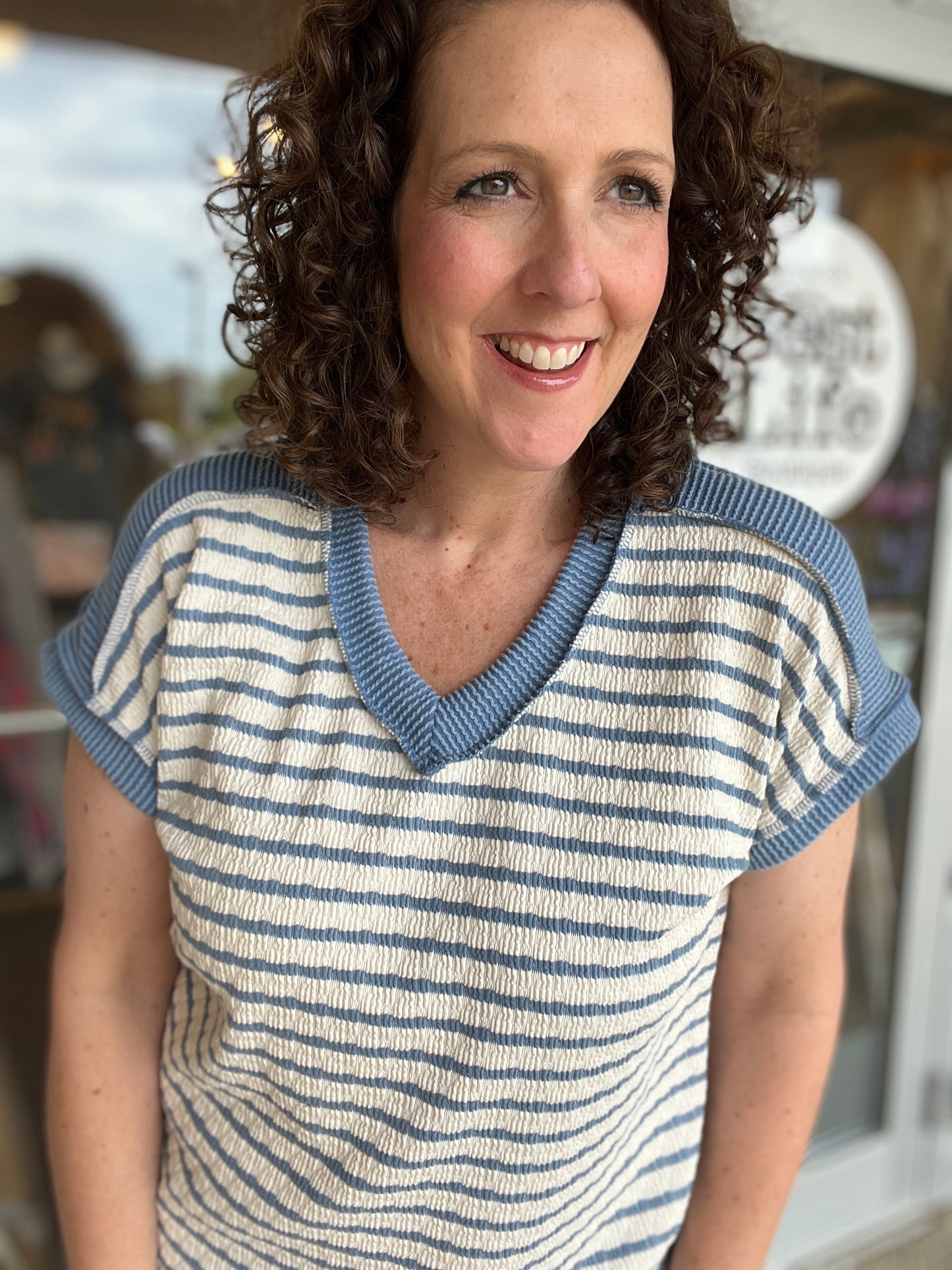 Textured Stripe V Neck Top