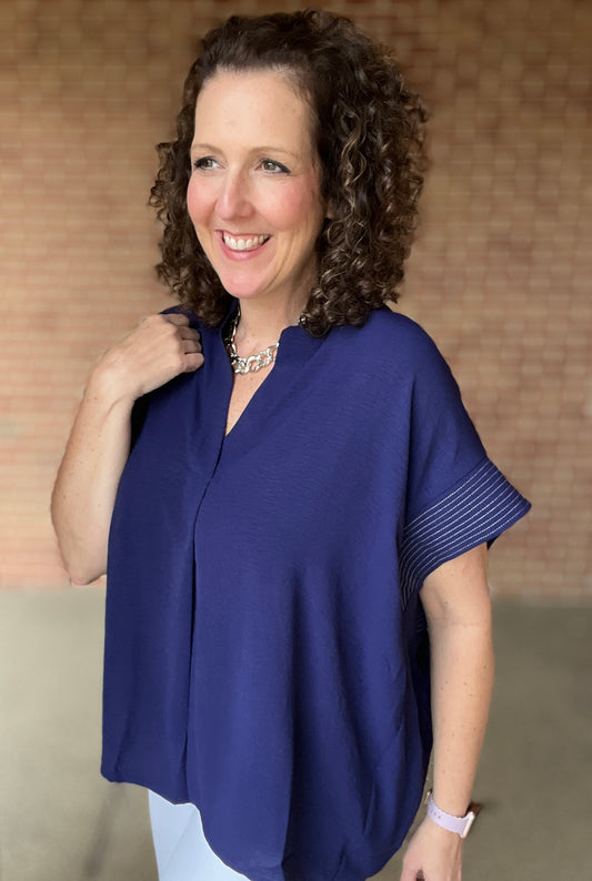 Flowy Split Neck Top with Stitched Trim