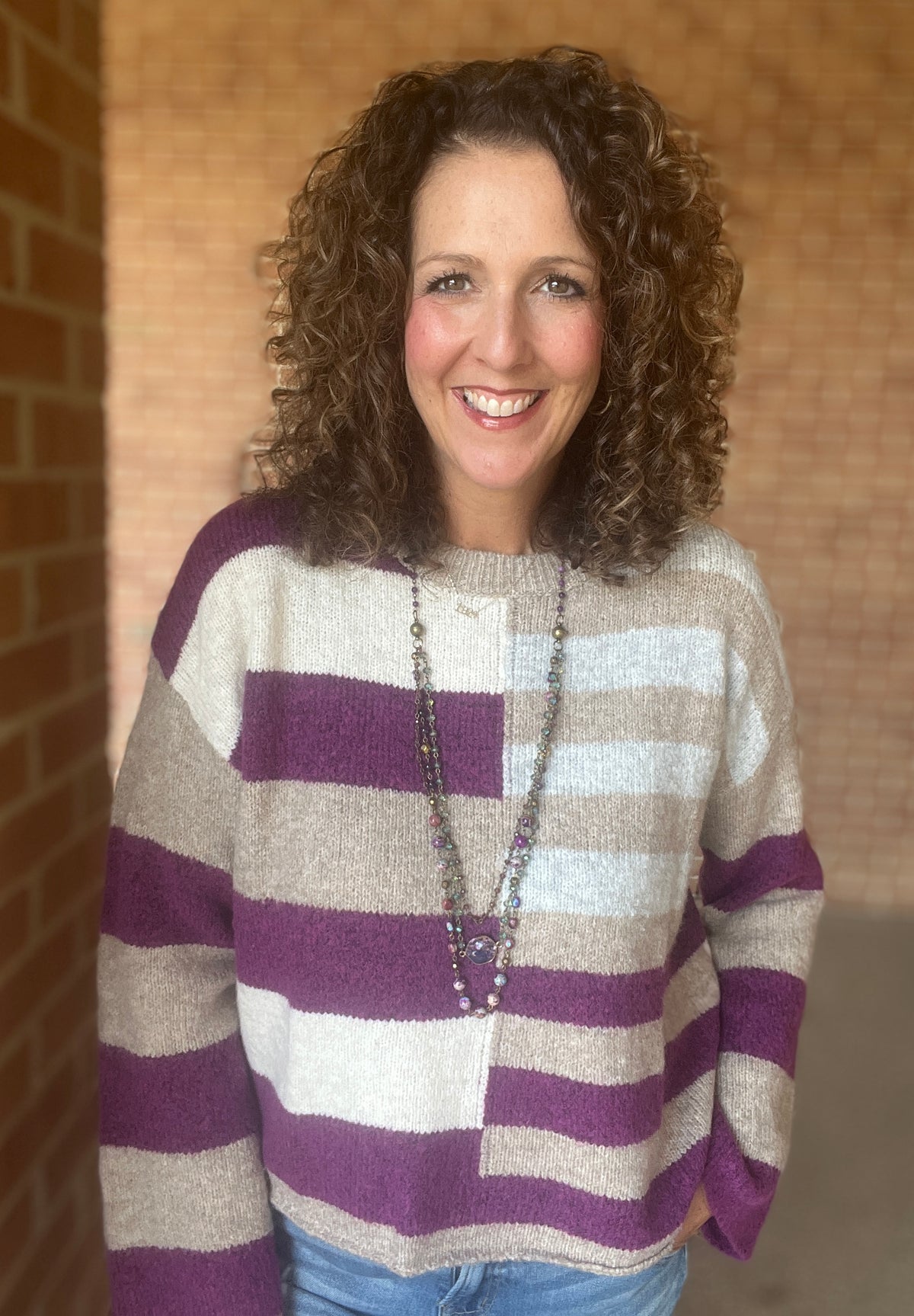 Lightweight Wool Blend Color Block Sweater