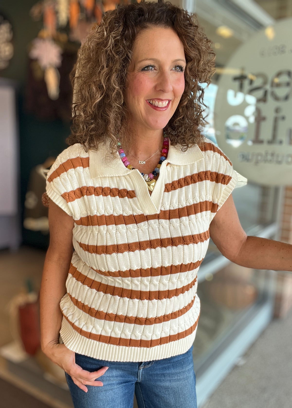 Textured Stripe Collared Sweater
