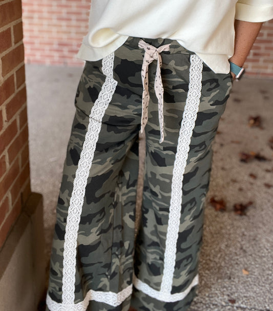 Lace Trimmed Camo Wide Leg Pants