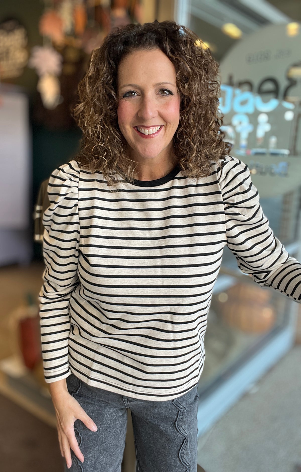 Striped Puff Sleeve French Terry Top