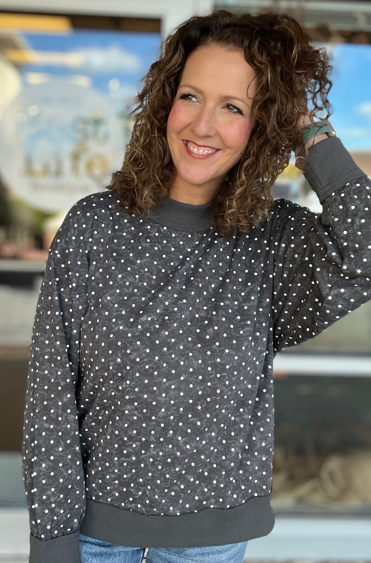 Washed Polka Dot Scuba Pullover