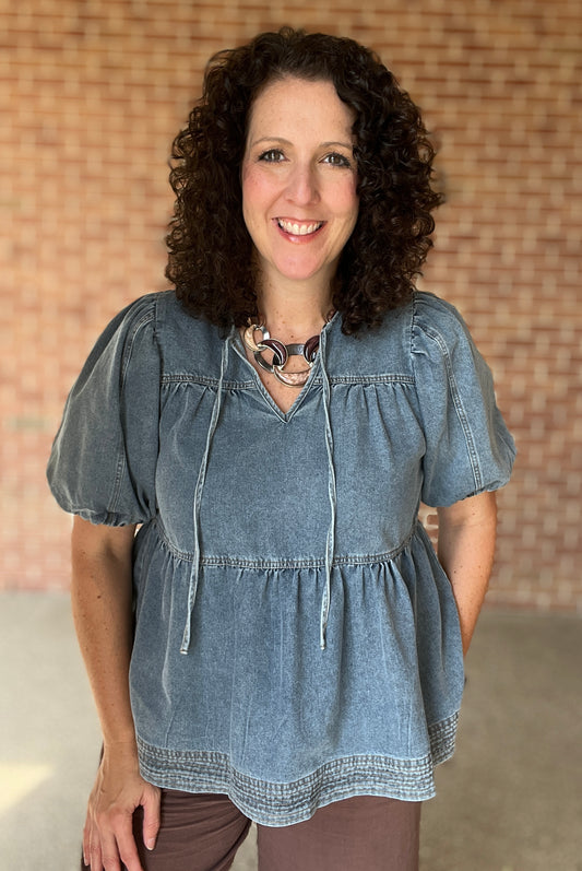 Tiered Denim Top with Puffed Sleeve