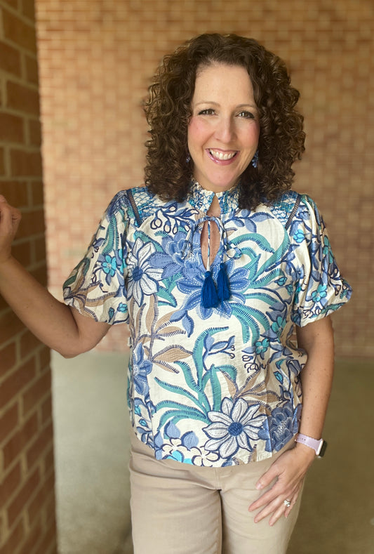 Smocked Neck Printed Top with Tie