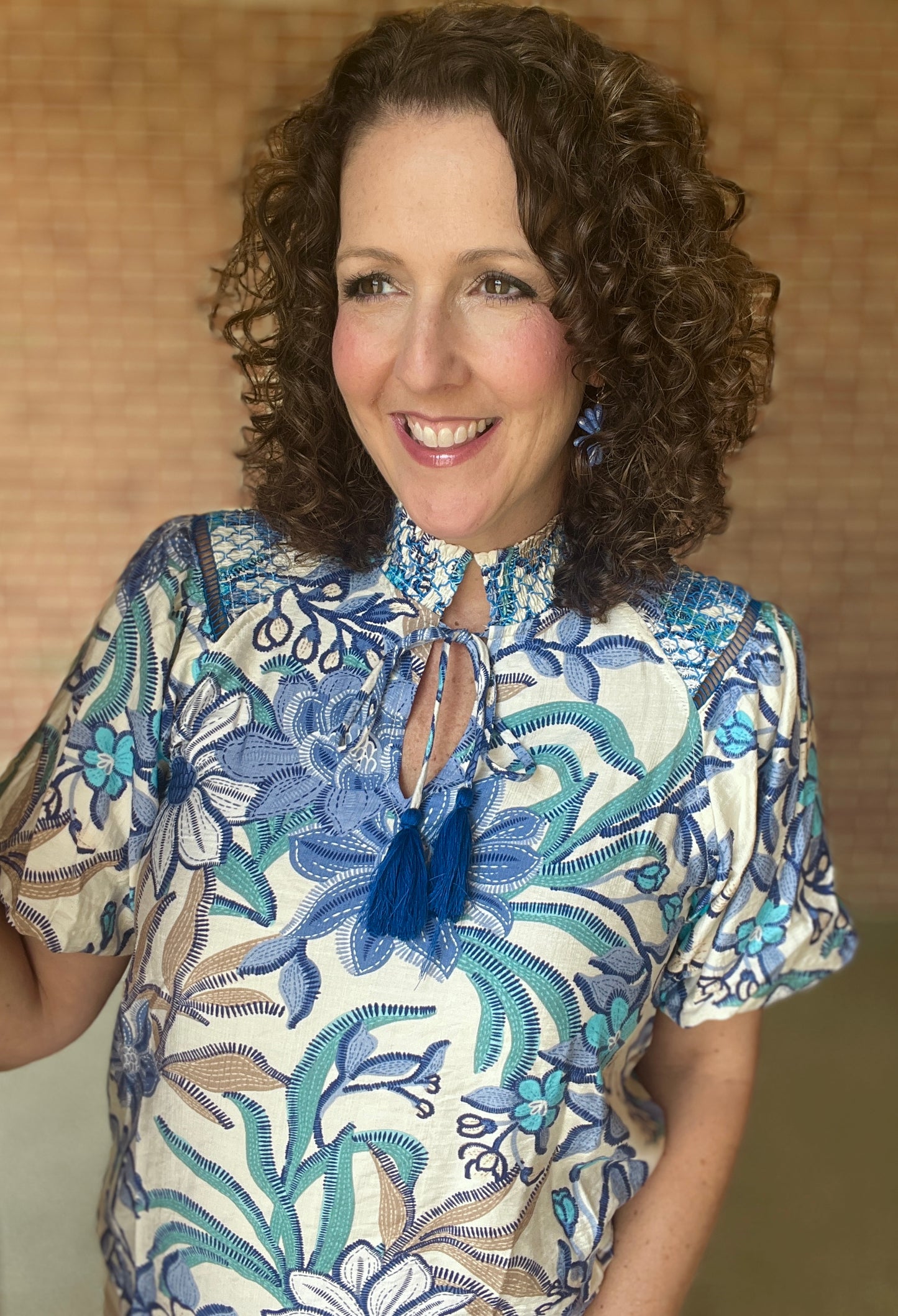 Smocked Neck Printed Top with Tie