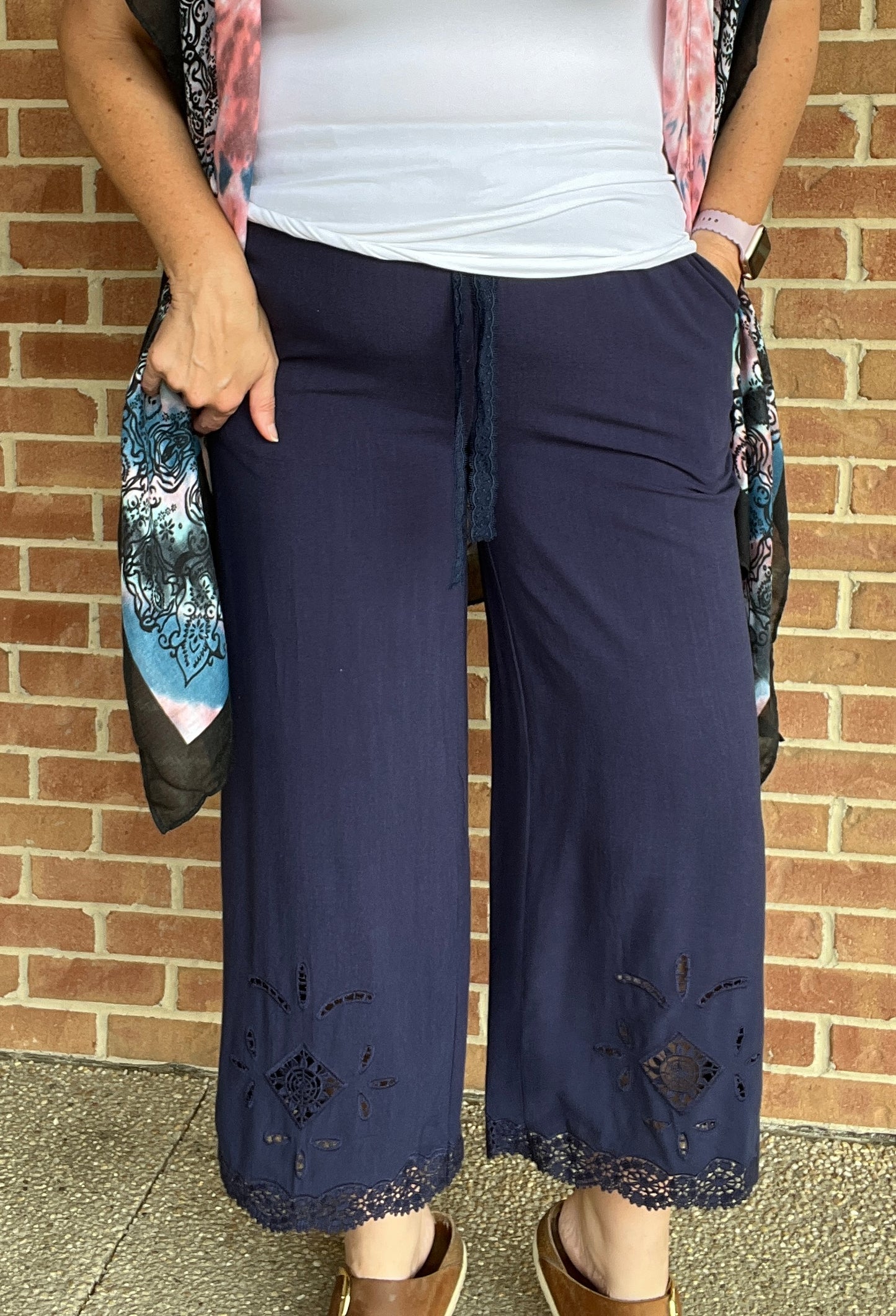 Cut Out Embroidered Linen Pants