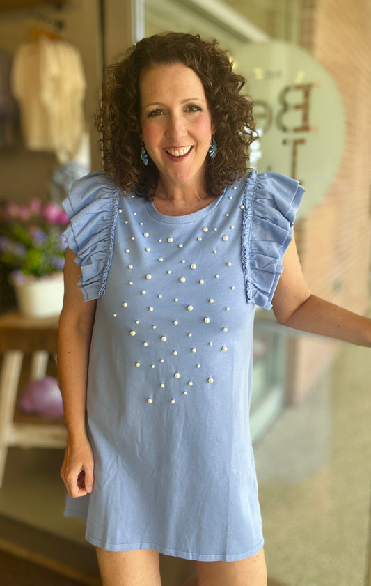 Pearl Detail Ruffled Sleeve Dress