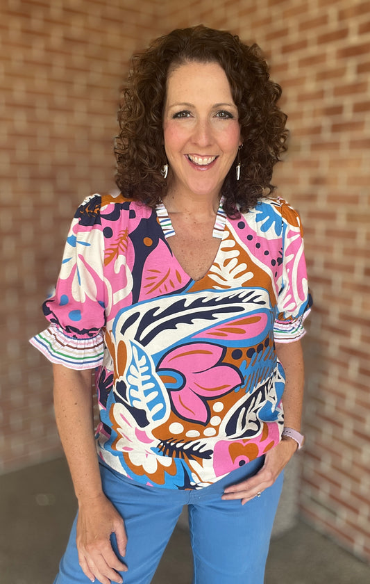 Floral Puff Sleeve Top with Striped Trim