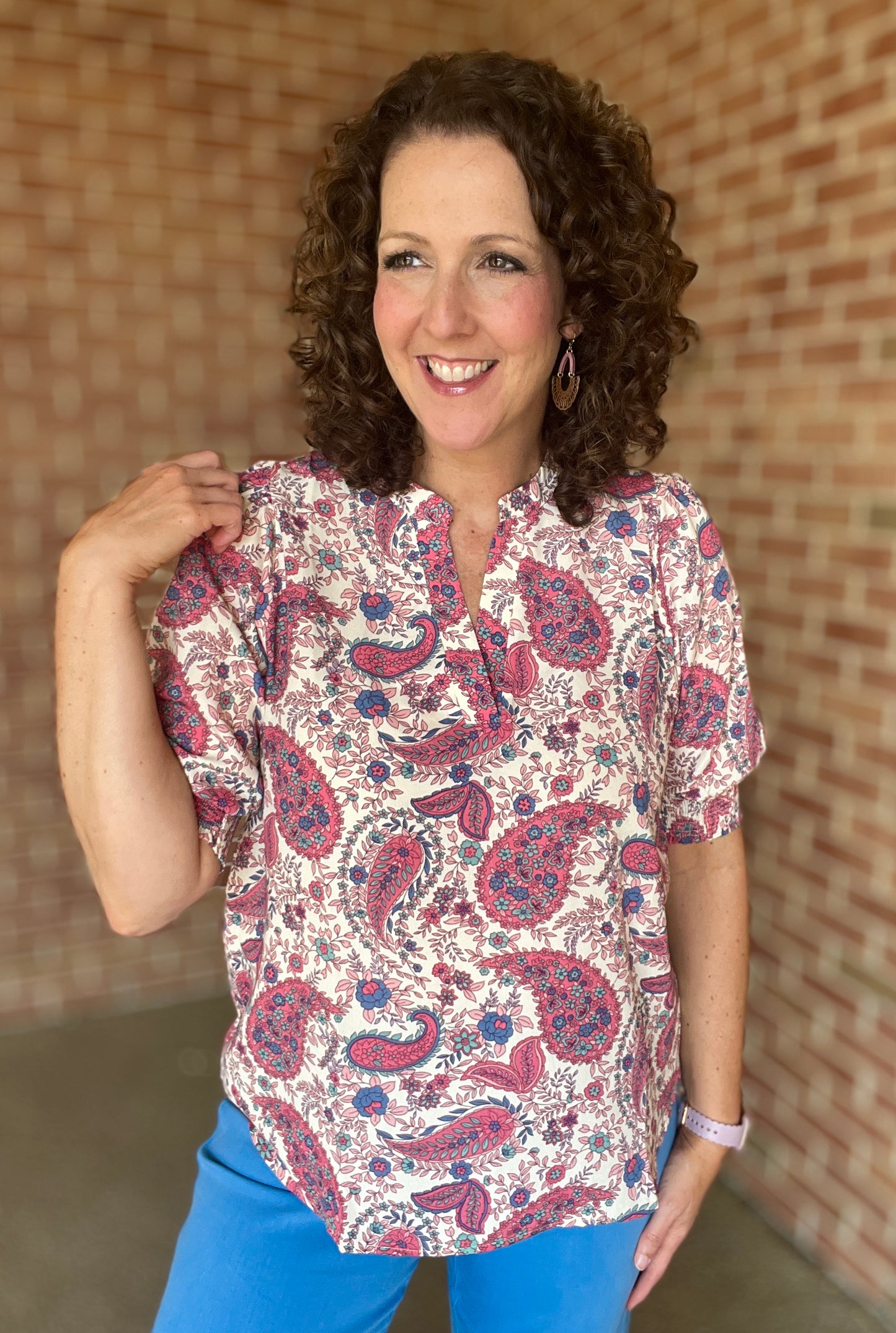 Paisley Split Neck Top with Smocked Sleeves