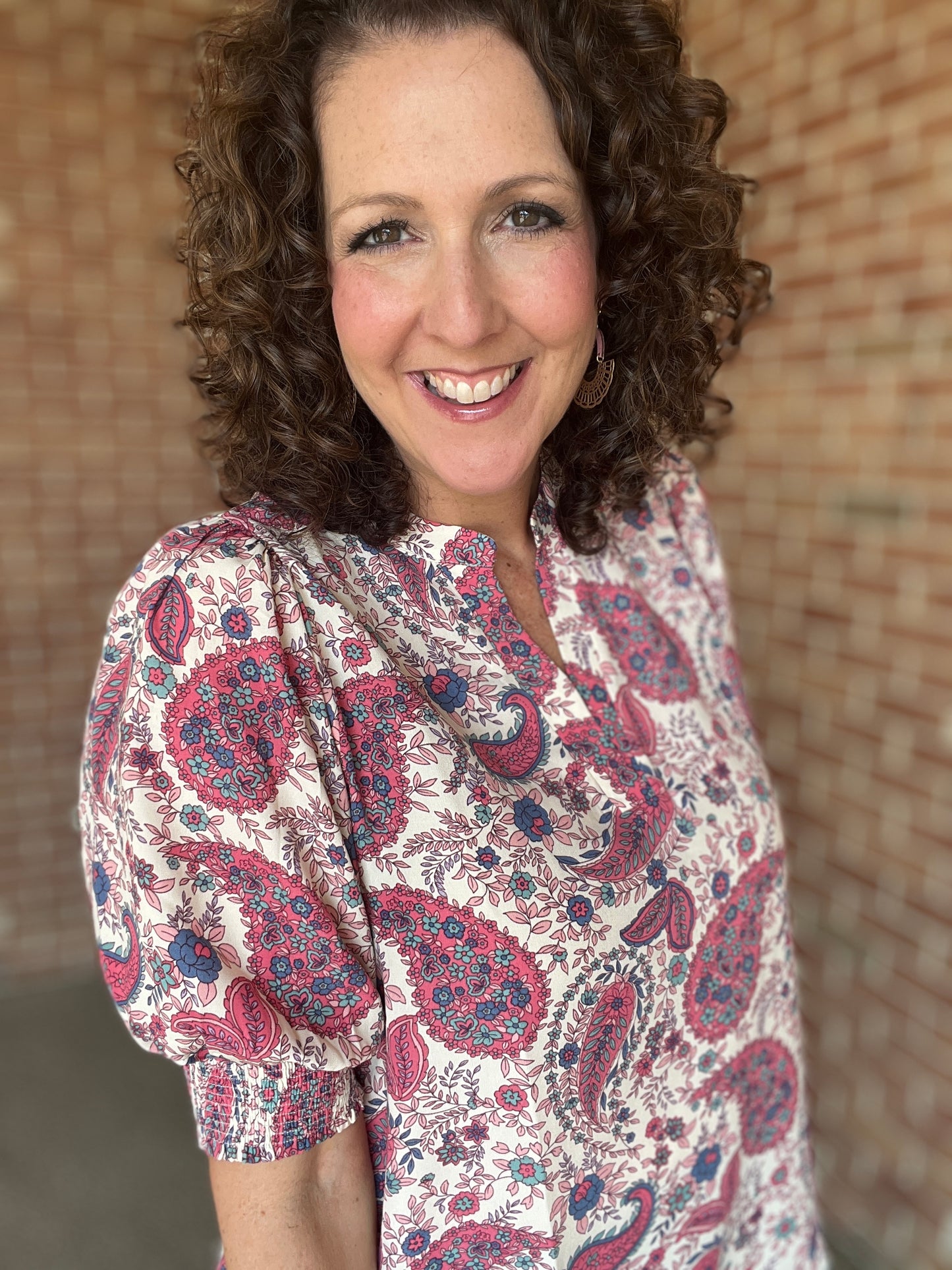 Paisley Split Neck Top with Smocked Sleeves