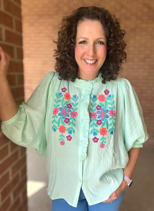 3/4 Sleeve Embroidered Gauze Top