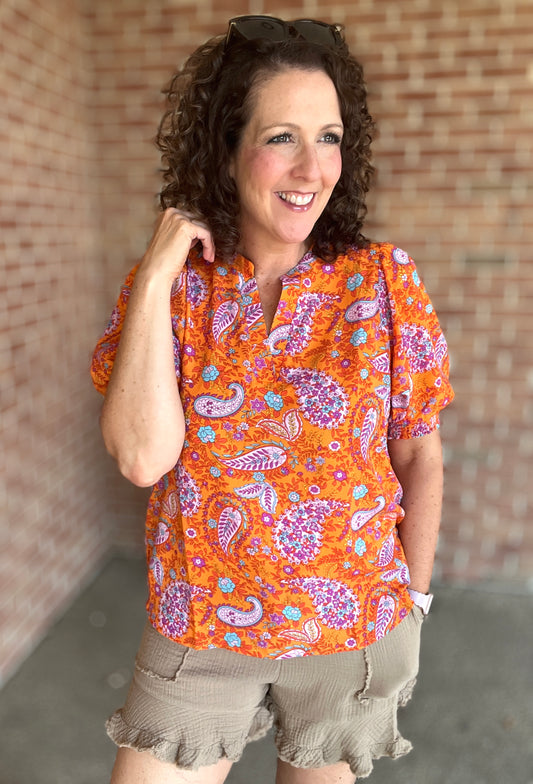 Paisley Split Neck Top with Smocked Sleeves