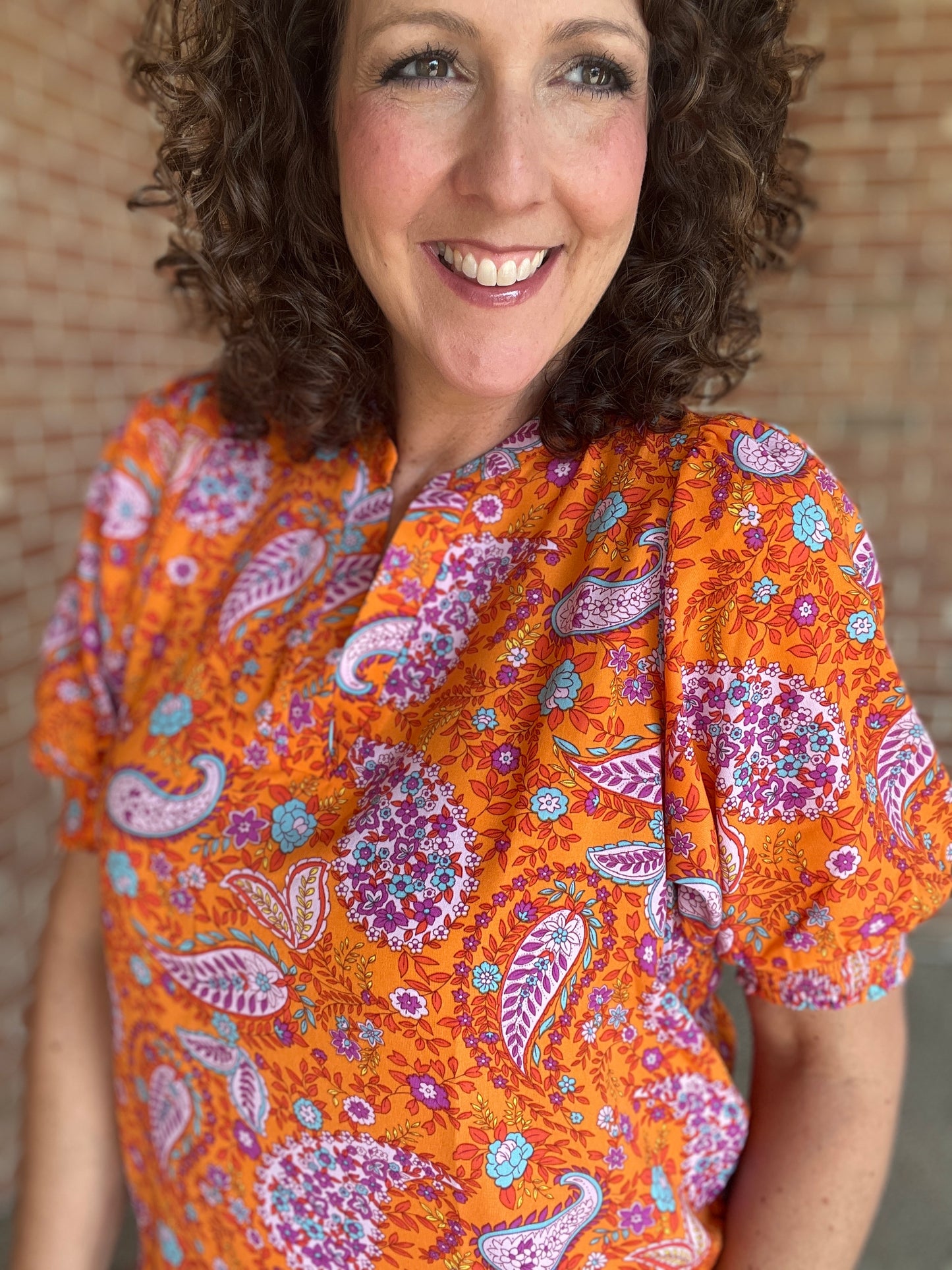 Paisley Split Neck Top with Smocked Sleeves