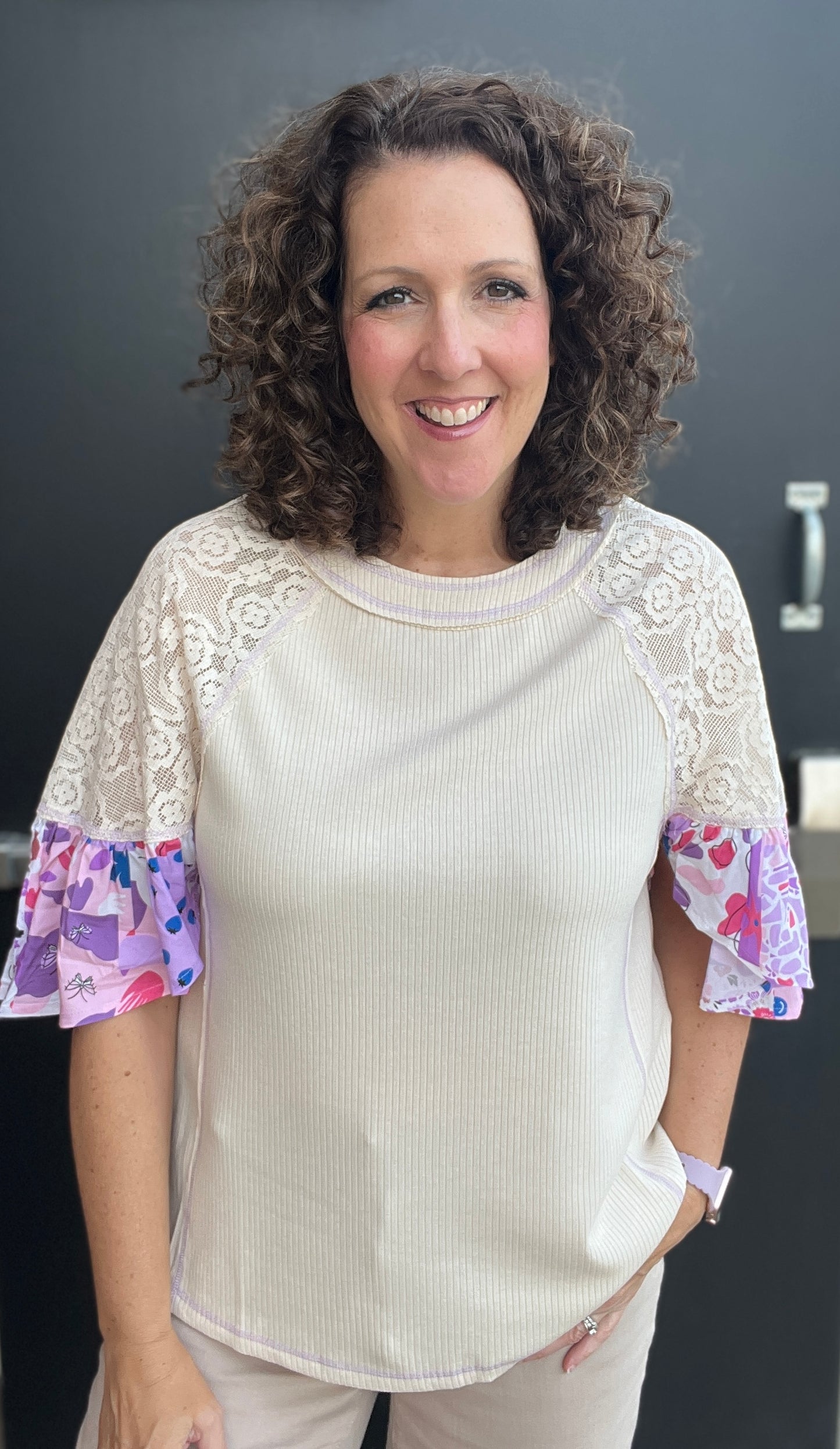 Print and Lace Sleeve Top