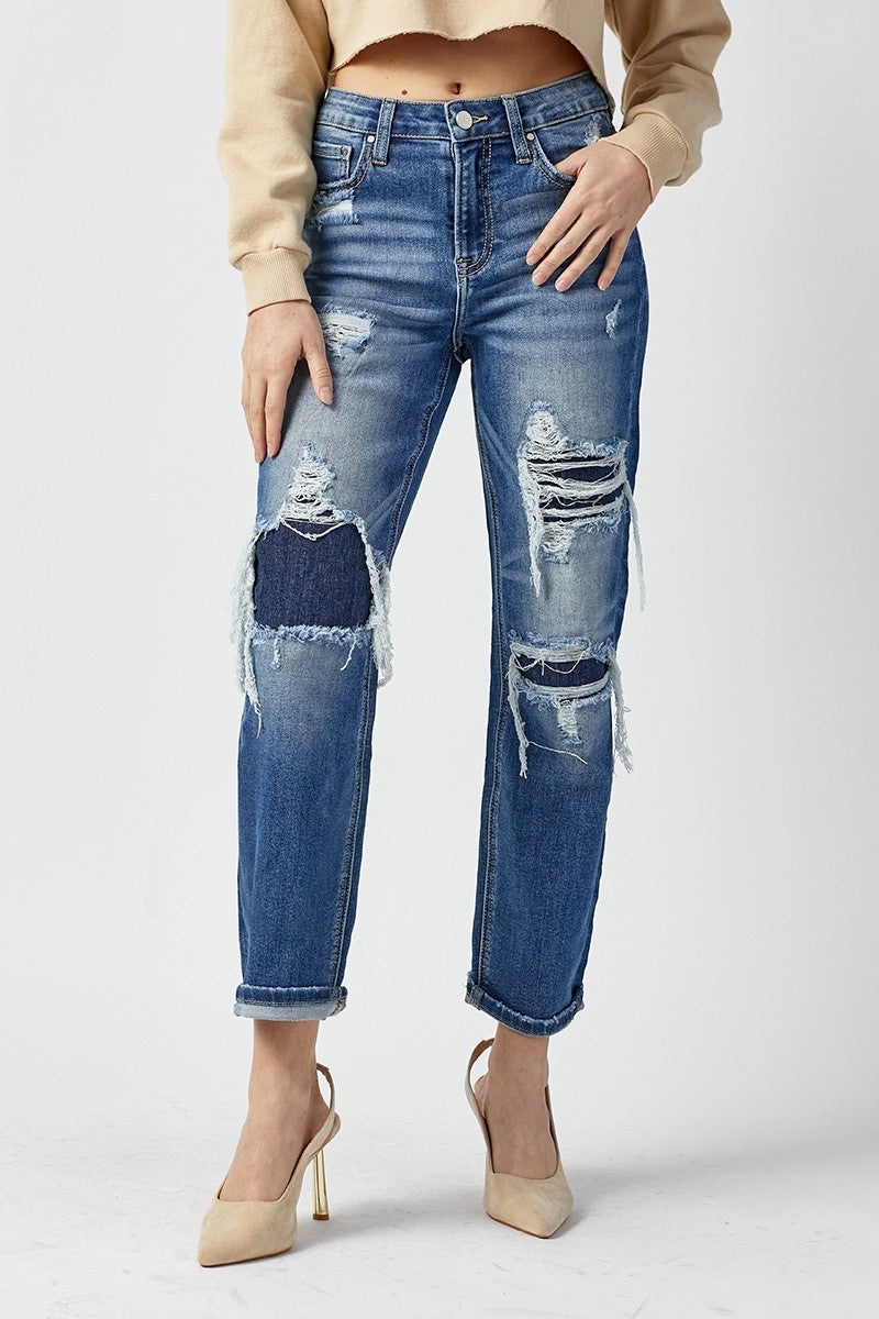 RISEN Distressed Patched Straight Jeans