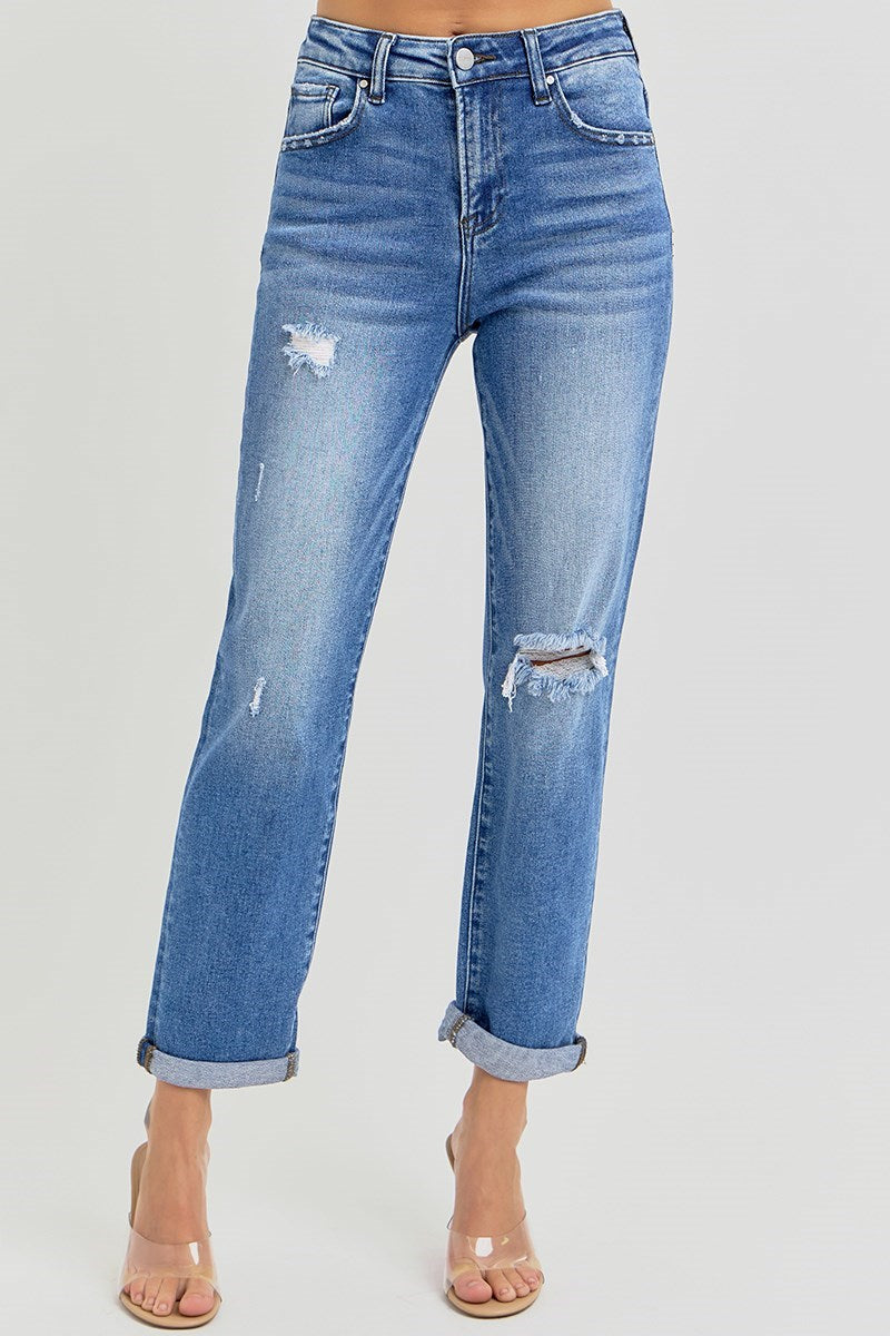 RISEN High Rise Crop Girlfriend Roll Up Jeans