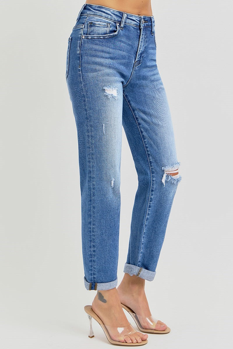 RISEN High Rise Crop Girlfriend Roll Up Jeans