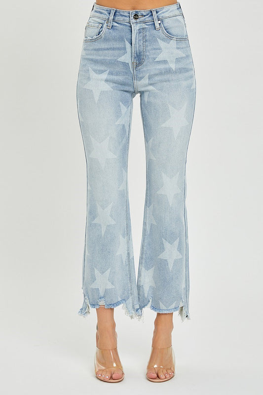 RISEN Star Print Straight Jeans with Frayed Hem