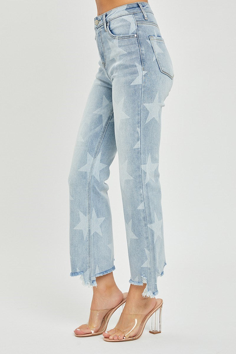 RISEN Star Print Straight Jeans with Frayed Hem