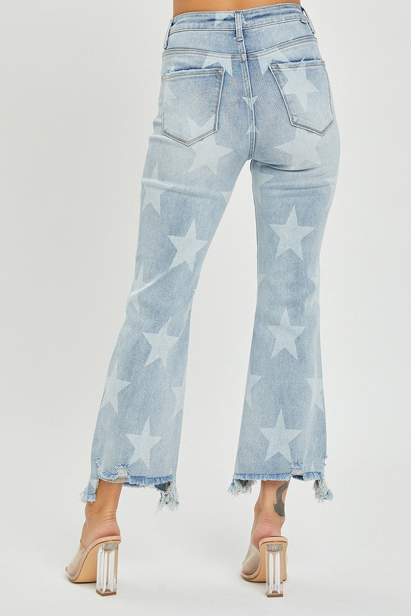 RISEN Star Print Straight Jeans with Frayed Hem