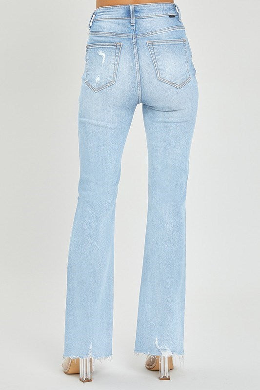 RISEN Light Wash Distressed Flare Jeans with Raw Hem