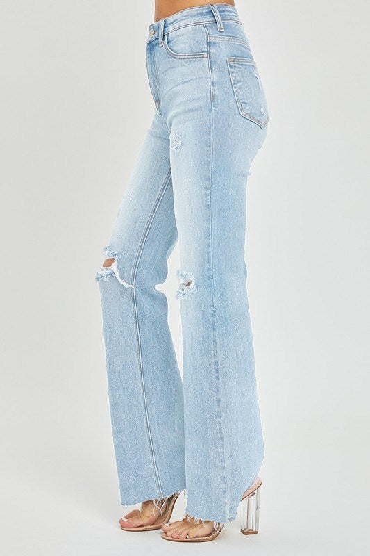 RISEN Light Wash Distressed Flare Jeans with Raw Hem