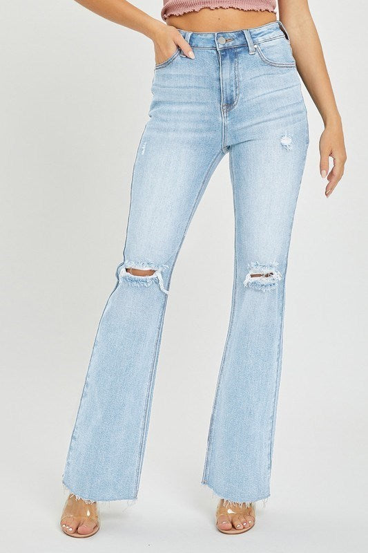 RISEN Light Wash Distressed Flare Jeans with Raw Hem