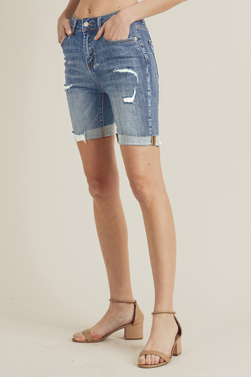 RISEN High Rise Distressed Denim Shorts