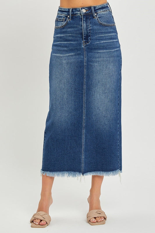 RISEN Frayed Hem Denim Skirt