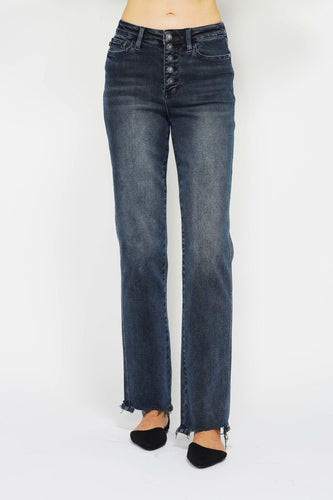 JUDY BLUE Dark Wash Button Fly Straight Jeans with Destroyed Hem