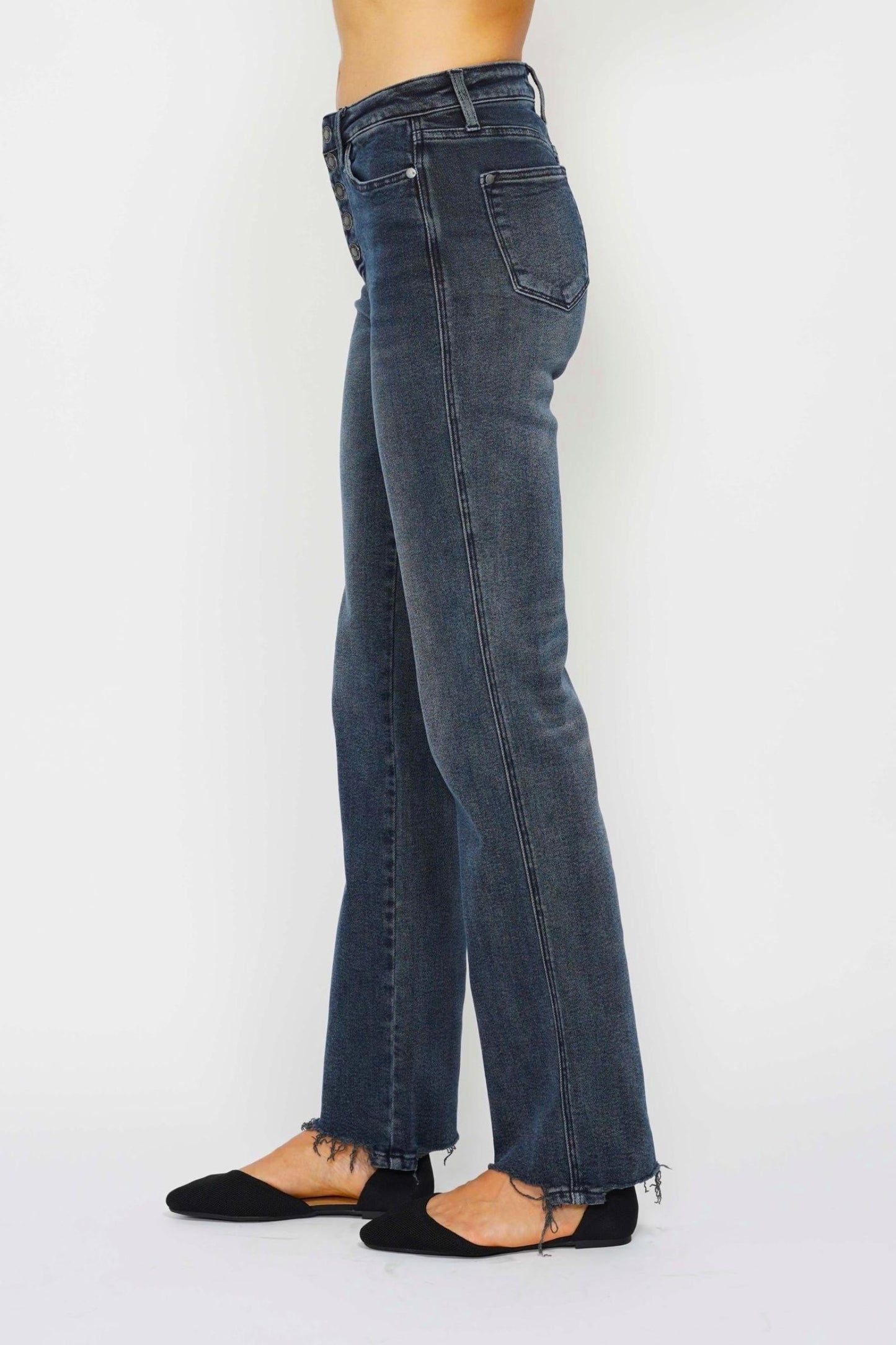 JUDY BLUE Dark Wash Button Fly Straight Jeans with Destroyed Hem