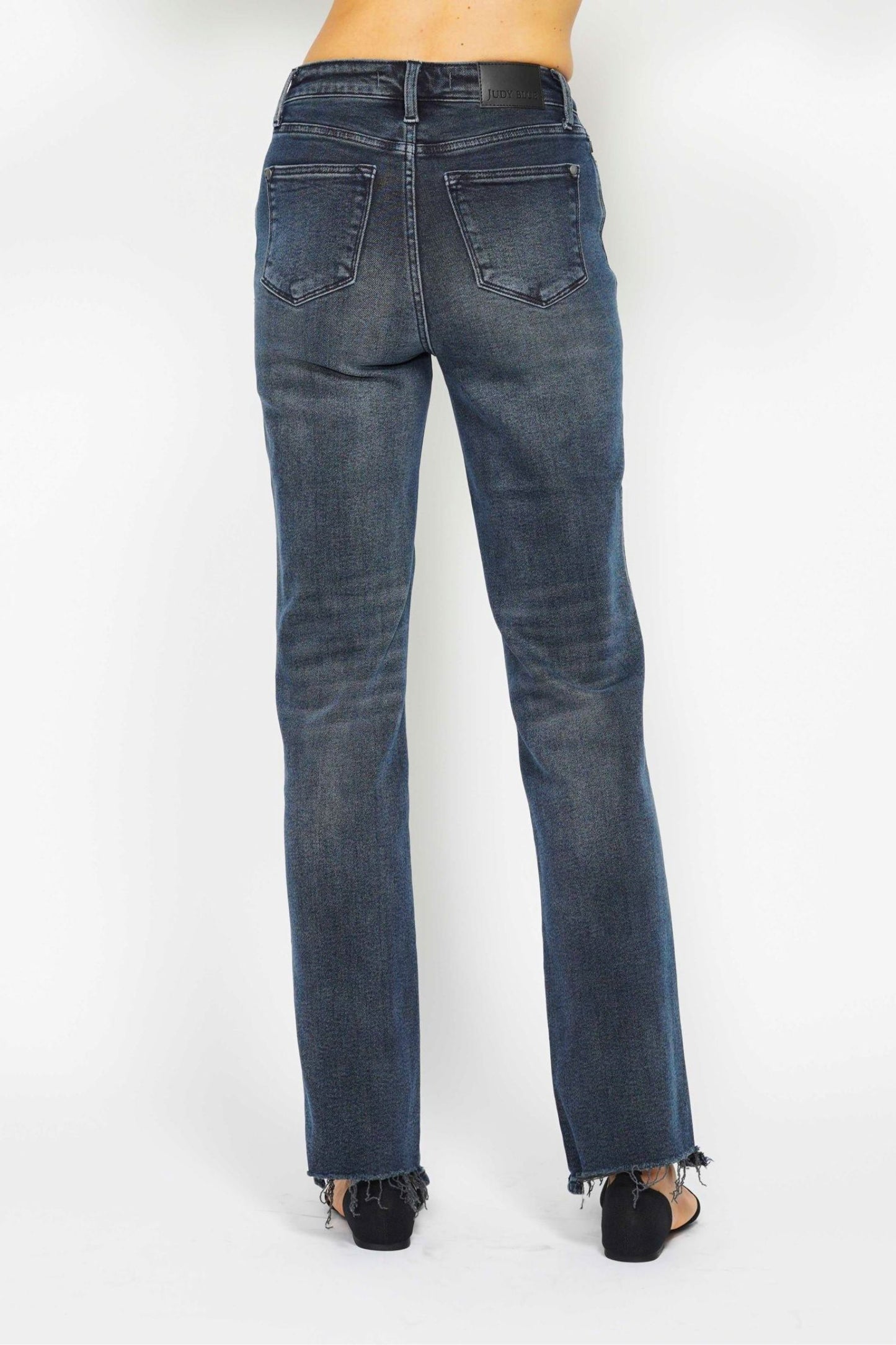 JUDY BLUE Dark Wash Button Fly Straight Jeans with Destroyed Hem