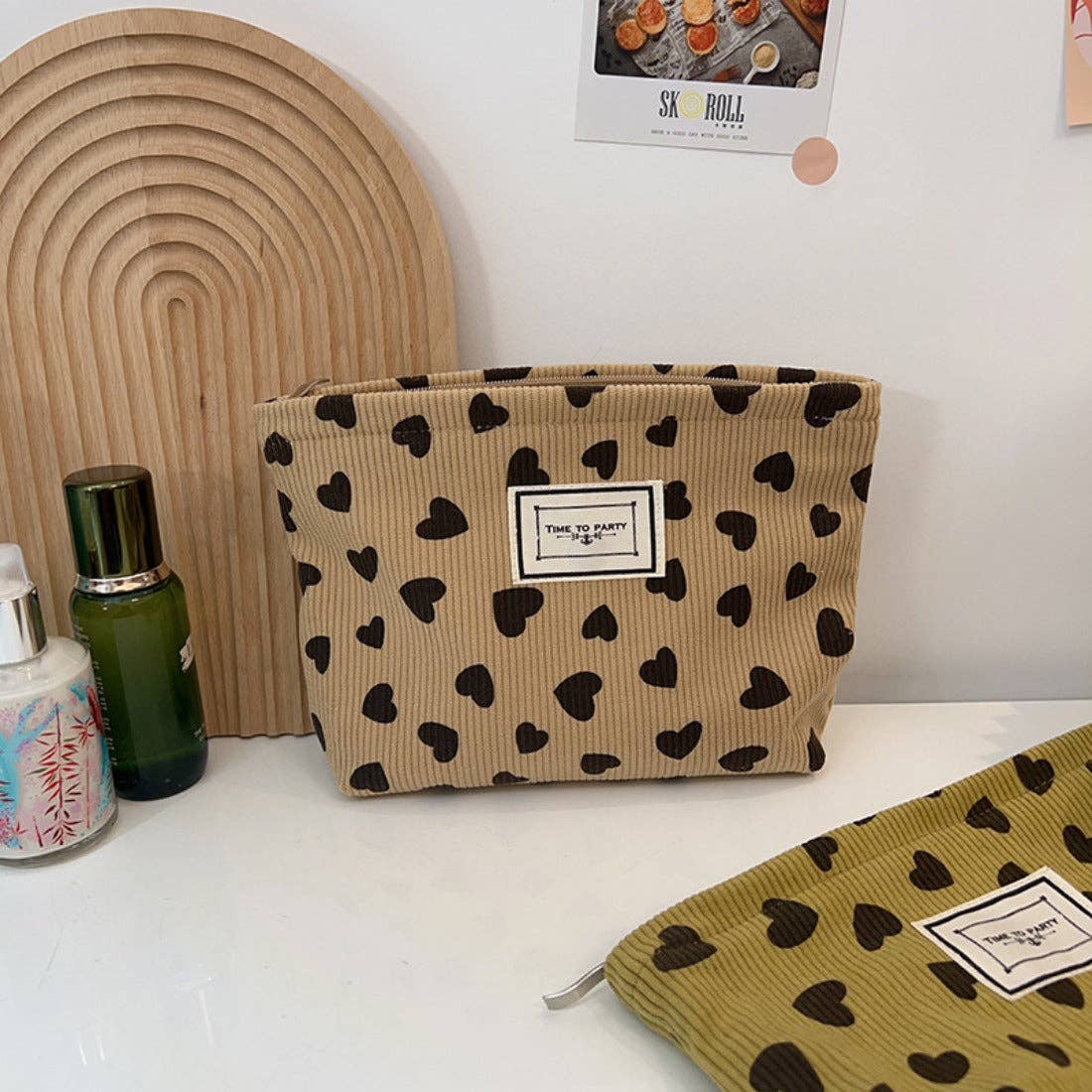 Cosbai - Corduroy Heart Pattern Toiletry Bag: YELLOW