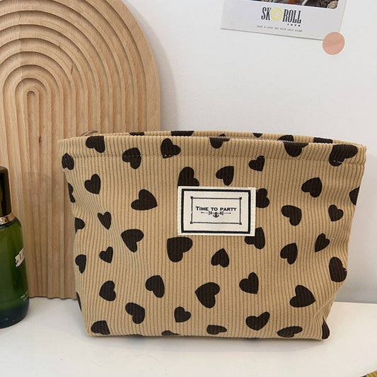 Cosbai - Corduroy Heart Pattern Toiletry Bag: KHAKI