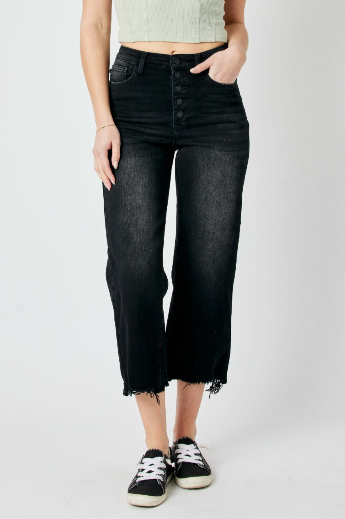 JUDY BLUE Washed Black Button Fly Cropped Jeans