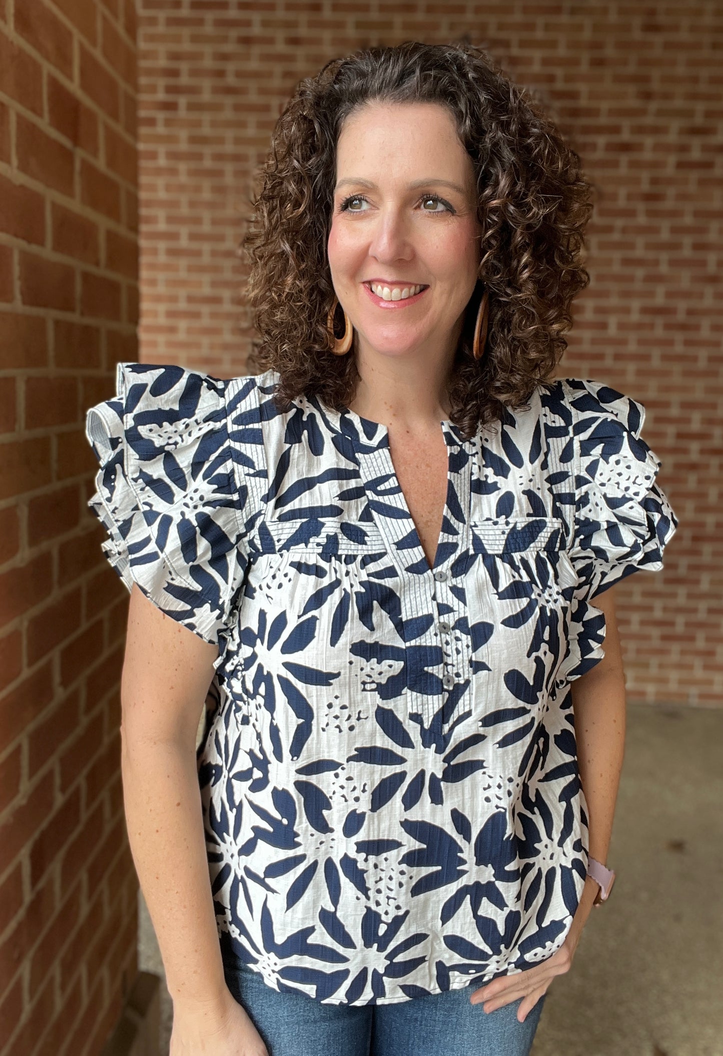 Abstract Floral Navy & White Top