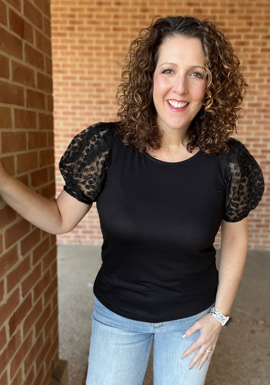 Black Top with Sheer Floral Puff Sleeves