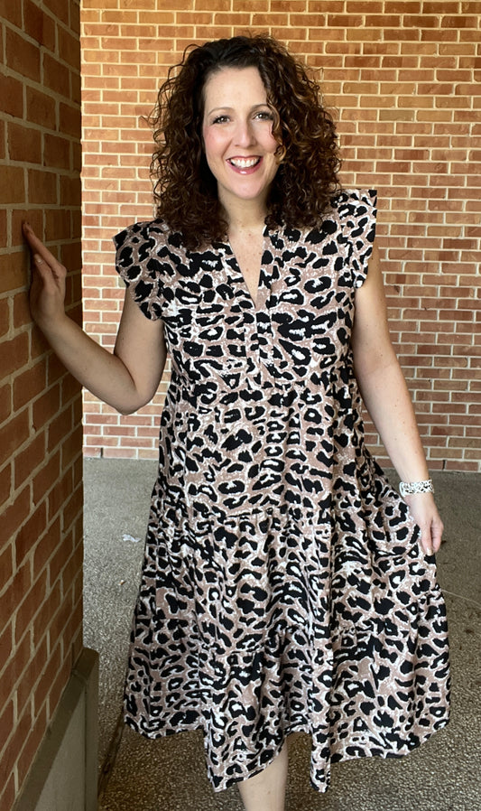 Leopard Midi Dress with Cap Sleeves