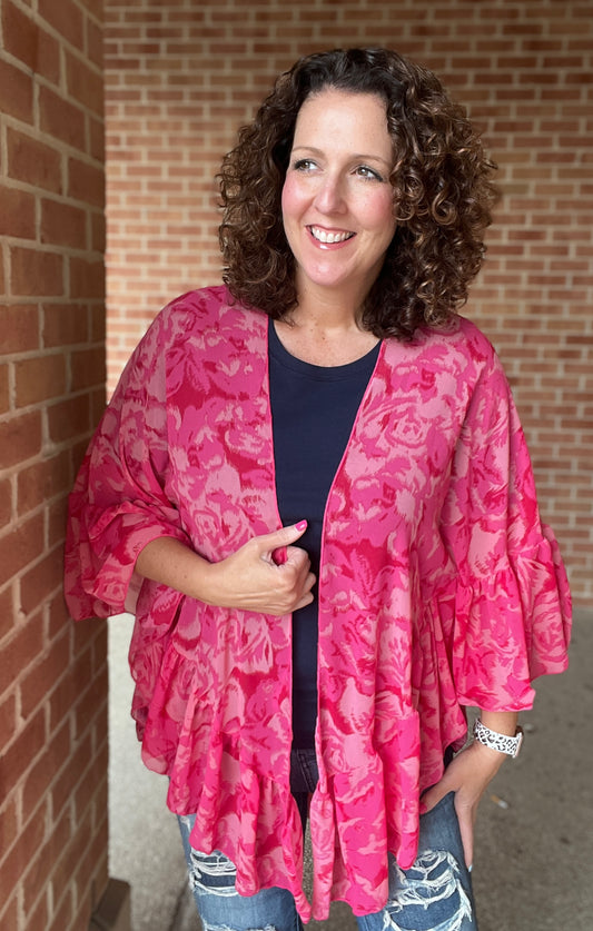 Pink Floral Ruffle Sleeve Kimono