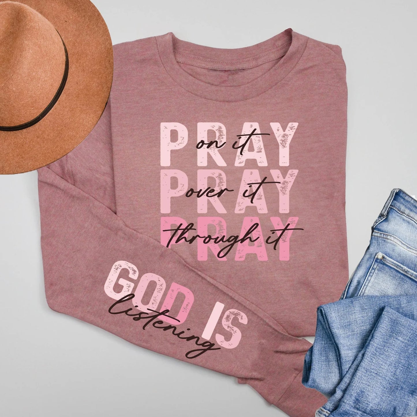 PINK LONG SLEEVE PRAY ON IT Graphic Tee