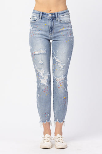 JUDY BLUE Distressed Paint Splatter Boyfriend