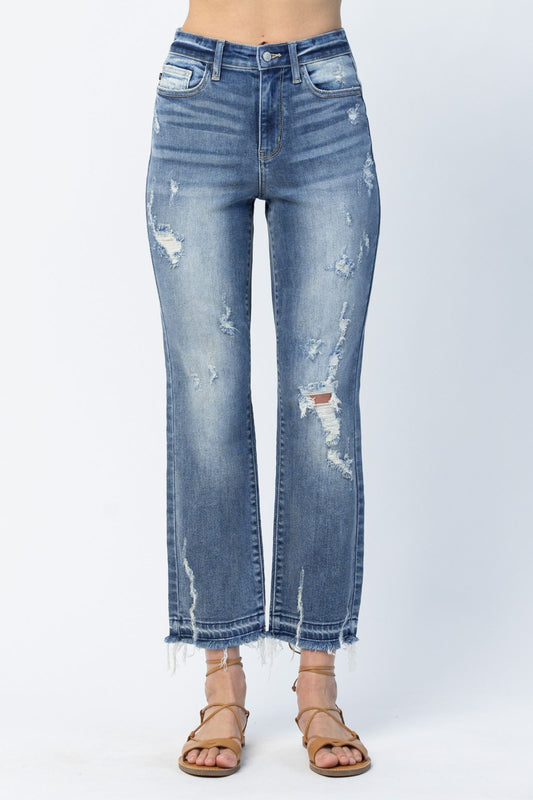 JUDY BLUE Distressed Release Hem Straight Leg Jeans