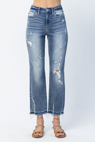 JUDY BLUE Distressed Release Hem Straight Leg Jeans